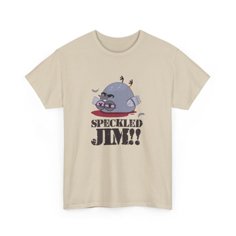 unisex T-shirt featuring a graphic of Speckled Jim, the carrier pigeon from Blackadder Goes Forth, with ‘R.I.P. Speckled Jim’ text honoring the famous comedic scene.
