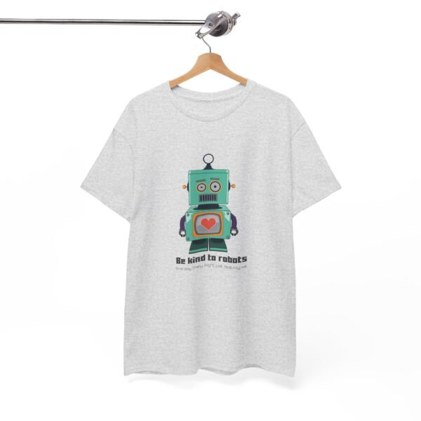 A cute cartoon robot with big eyes and a friendly smile, holding a small sign that says 'Be kind to robots they may one day destroy us' in playful lettering.