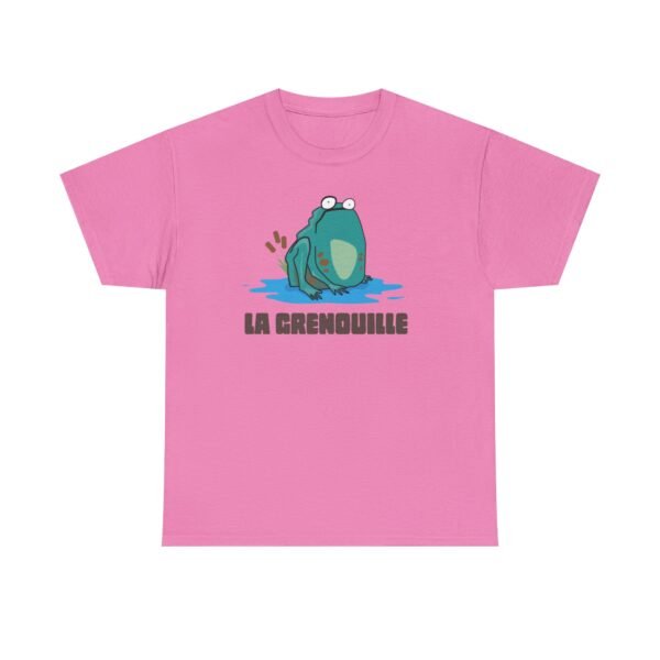 A t-shirt featuring a cute cartoon frog with the words 'La Grenouille' written underneath in French.